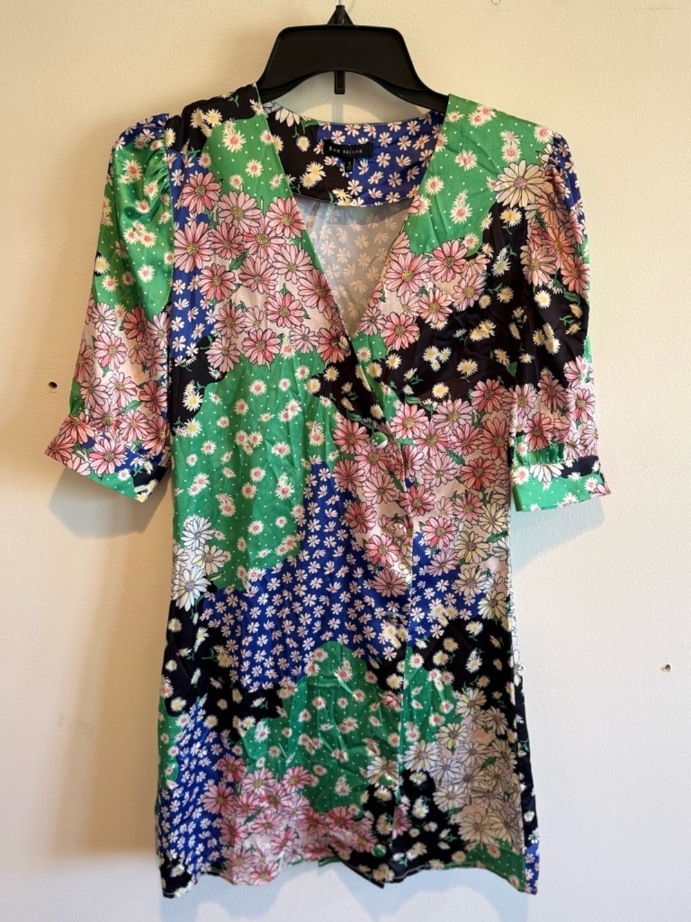 En Saison Floral Patchwork Colorful Mini Dress Small Spring Satin